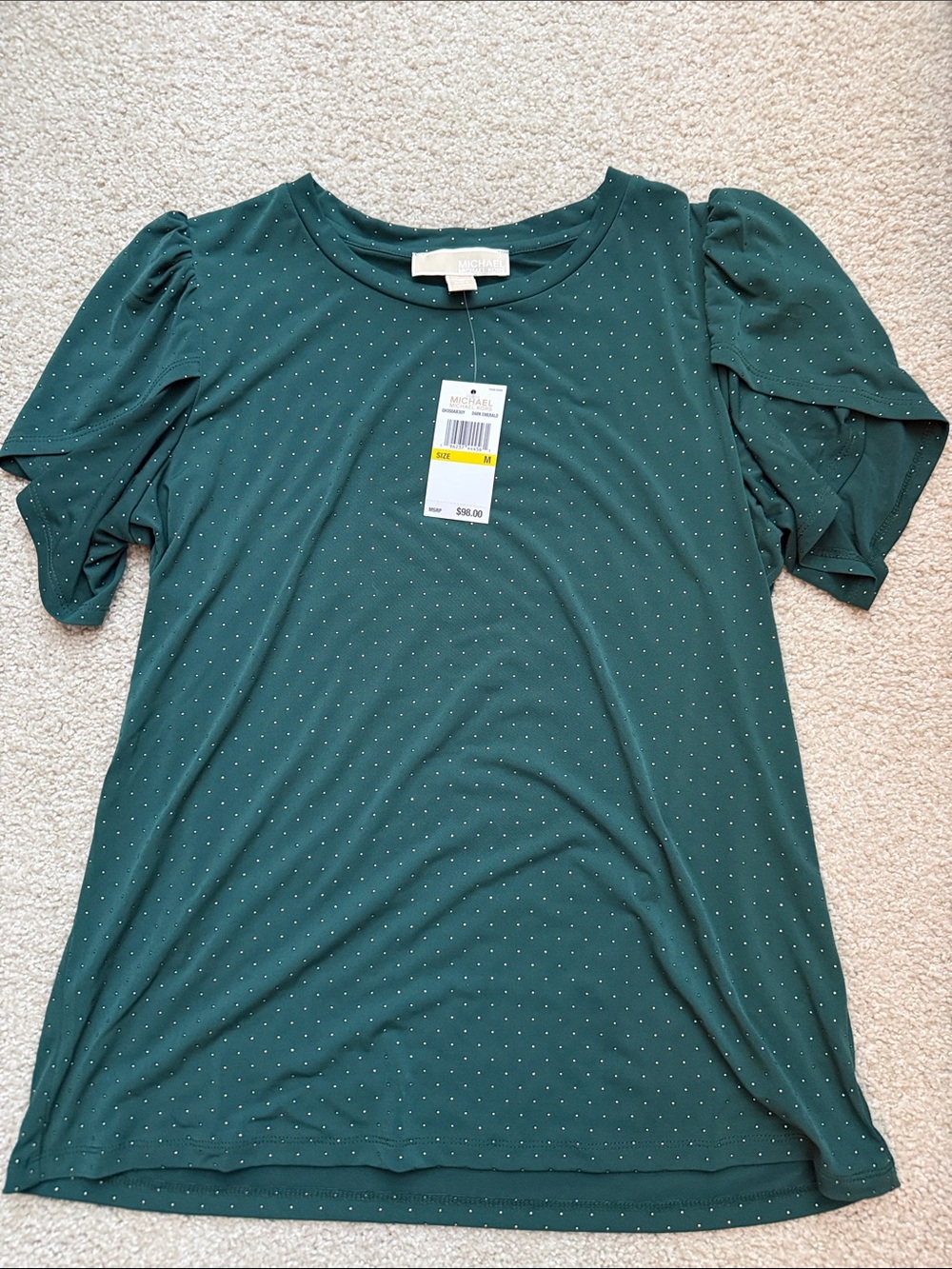 MICHAEL Michael Kors Dark Green tulip Sleeve embellished Tee NEW with tags